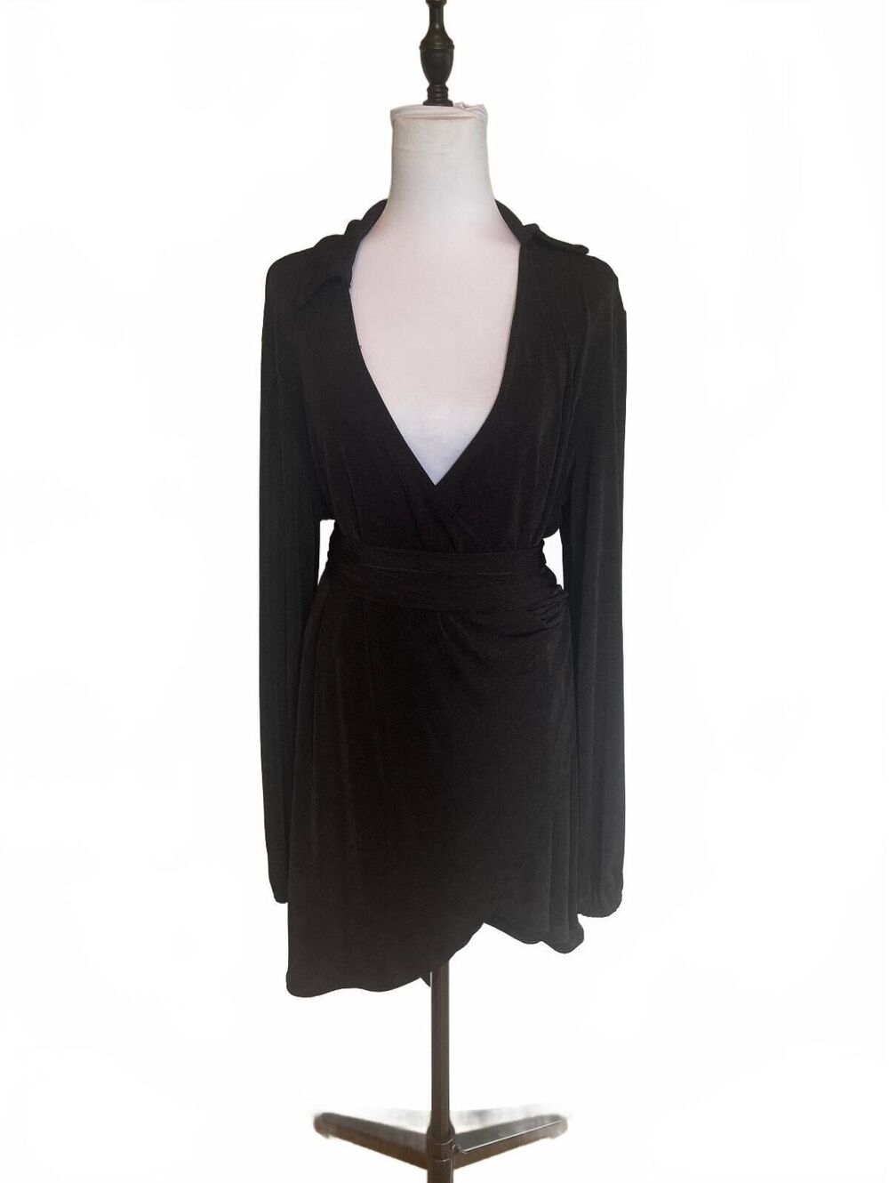 Princess Polly Black Wrap Mini Dress 70s Minimalist Retro Plunge Long Sleeve S